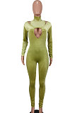 Light Army Green Women's Pure Color High Collar Korea Velvet Hollow Out Zipper Bodycon Jumpsuits ED1092-3