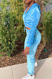 Blue Women Long Sleeve Zipper Hoodie Fashion Velvet Pants Sets FFE189-3
