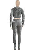 Gray Women Long Sleeve Zipper Hoodie Fashion Velvet Pants Sets FFE189-1