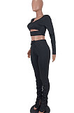 Brown Women Long Sleeve Sexy Low Collar Dew Waist Shirred Detail Hollow Out Pants Sets ED1094 -4