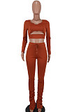 Rose Red Women Long Sleeve Sexy Low Collar Dew Waist Shirred Detail Hollow Out Pants Sets ED1094 -2