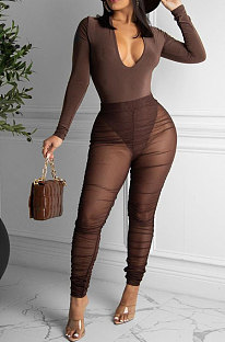 Coffee Wome's Trendy Sexy Mesh Spaghetti Milkl Silk V Collar Pants Sets ED1093-3