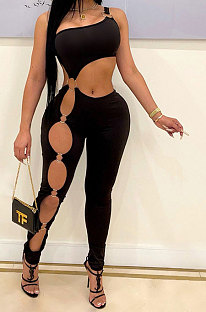 Black Women Sexy Off Shoulder Tight Crop Pure Color Mid Waist Bodycon Jumpsuits DR88120-3