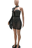 Black Fashion Sexy Perspectivity Oblique Shoulder Hot Drilling Mid Waist Bodycon Mini Dress CCY9397-1