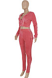 Rose Red Women Long Sleeve Zipper Hoodie Fashion Velvet Pants Sets FFE189-2