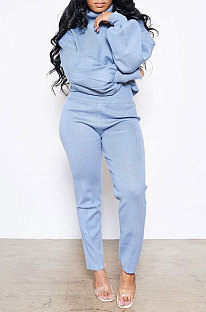 Blue Women Long Sleeve Pure Color Fashion High Collar Pants Sets AYQ08023-1