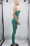 Green Women Sexy Off Shoulder Tight Crop Pure Color Mid Waist Bodycon Jumpsuits DR88120-1