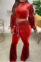 Red Wholesale Vevet High Neck Crop Tops Flare Pants Solid Color Suit HXY88088-2