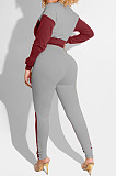Grey And Blue Spliced Casual  Long Sleeve Stand Neck Doubel Zipper Head Tops Skinny Pants Suit HXY88085-1