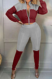 Brown And White Spliced Casual  Long Sleeve Stand Neck Doubel Zipper Head Tops Skinny Pants Suit HXY88085-3