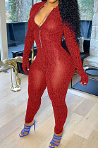 Wine Red Autumn Winter Mesh Long Sleeve Zip Front Slim Fitting Jumpsuits ALS266-7