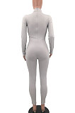Gray Women Casual Pure Color Long Sleeve Stand Collar Ribber Bodycon Jumpsuits MQX23587-1