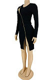 Black Modest Sexy Inclined Zipper Ribber Long Sleeve Slim Fitting Slit Dress LY055-1
