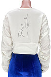 White Sexy Printing Line Puff Sleeve Round Collar Loose Zipper Coat MDF5263-1