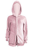 Pink Women Pure Color Double Velvet Hoodie Coat Shorts Sets NK267 -1