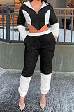 Khaki Fashion Velvet Color Matching Hoodie Zipper Dew Waist Pants Sets FFE192-1