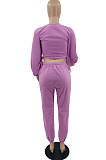 Purple Modest Women's Long Sleeve Round Neck Hoody Trousers Plain Color Suit HXY68019