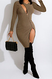 Brown Modest Sexy Inclined Zipper Ribber Long Sleeve Slim Fitting Slit Dress LY055-3