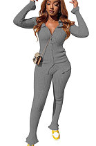 Gray Women's Ribber Pure Color Single-Breasted Bodycon Pants Sets NK266-4