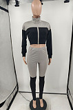 Grey And Black Spliced Casual  Long Sleeve Stand Neck Doubel Zipper Head Tops Skinny Pants Suit HXY88085-4