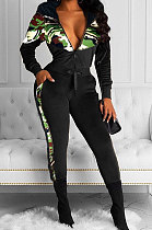 Black Trendy Casual Long Sleeve Zipper Korea Velvet Spliced Camo Hoodie Bodycon Pants Sets MDF5272-1