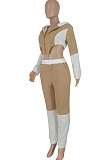 Khaki Fashion Velvet Color Matching Hoodie Zipper Dew Waist Pants Sets FFE192-1