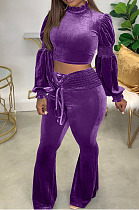 Purple Wholesale Vevet High Neck Crop Tops Flare Pants Solid Color Suit HXY88088-5