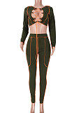 Wine Red Women Fashion Casual Bandage Sexy Hollow Out Line Dew Waist Pants Sets MDF5267-2