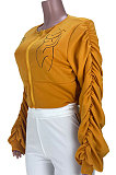 Orange Sexy Printing Line Puff Sleeve Round Collar Loose Zipper Coat MDF5263-3