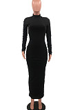 Black Women Fashion Sexy Backless Solid Color Pullover Round Collar Mid Waist Long Dress MQX23593-1