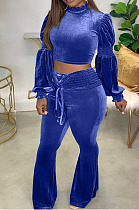 Blue Wholesale Vevet High Neck Crop Tops Flare Pants Solid Color Suit HXY88088-6