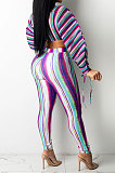 Rose Red Casual Digital Stripe Printing Arm Drawsting Long Sleeve Round Collar Crop Tops Pencil Pants Two-Piece Q980-3