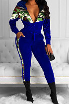 Blue Trendy Casual Long Sleeve Zipper Korea Velvet Spliced Camo Hoodie Bodycon Pants Sets MDF5272-3
