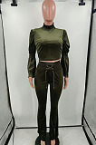 Army Green Wholesale Vevet High Neck Crop Tops Flare Pants Solid Color Suit HXY88088-3