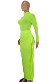 Neon Green Sexy Mesh Spaghetti Fashion Perspectivity Top Tassel Skirts Sets ED8540-3