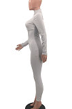 Gray Women Casual Pure Color Long Sleeve Stand Collar Ribber Bodycon Jumpsuits MQX23587-1