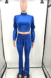 Red Wholesale Vevet High Neck Crop Tops Flare Pants Solid Color Suit HXY88088-2