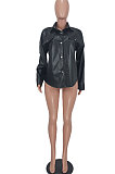Black Sexy Loose Cardigan PU Leather Solid Color Coat ED8542