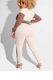 Grey And Black Spliced Casual  Long Sleeve Stand Neck Doubel Zipper Head Tops Skinny Pants Suit HXY88085-4