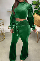 Green Wholesale Vevet High Neck Crop Tops Flare Pants Solid Color Suit HXY88088-4