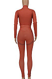 Brown Women Ribber Positioning Printing Spliced Zipper Bodycon Pants Sets YBS86741-2