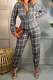 Orange Fashion Checked Long Sleeve Lapel Neck Collect Waist Jumpsuits HXY88081-1