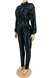 Brown New Women's Leather Single-Breasted Long Sleeve With Beltband Slim Fitting Jumpsuits LY057-2