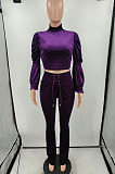 Purple Wholesale Vevet High Neck Crop Tops Flare Pants Solid Color Suit HXY88088-5