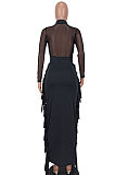 Black Sexy Mesh Spaghetti Fashion Perspectivity Top Tassel Skirts Sets ED8540-1