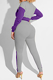 Grey And Purple Spliced Casual  Long Sleeve Stand Neck Doubel Zipper Head Tops Skinny Pants Suit HXY88085-2