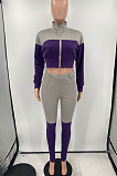 Grey And Wine Red Spliced Casual  Long Sleeve Stand Neck Doubel Zipper Head Tops Skinny Pants Suit HXY88085-5