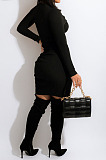 Black Modest Sexy Inclined Zipper Ribber Long Sleeve Slim Fitting Slit Dress LY055-1