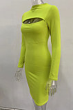 Neon Green Women's Long Sleeve Hollow Out Club Pullover Mid Waist Mini Dress YBN9042-3