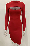 Rose Red Women's Long Sleeve Hollow Out Club Pullover Mid Waist Mini Dress YBN9042-4